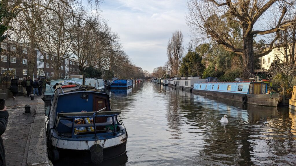 Rows of berthed canal boats
